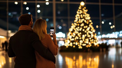 Sticker - travelers taking selfies with a large Christmas tree in an airport, festive atmosphere, twinkling lights 