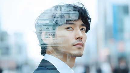 Wall Mural - Investment-inspired double exposure of an Asian businessman with currency on his face, highlighting the interplay of wealth, mercenary mindset, and financial planning in a corporate city environment.