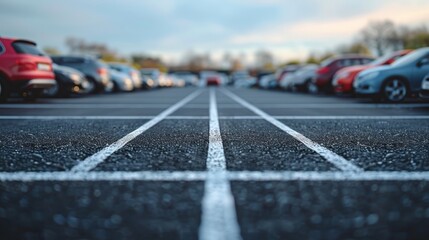 Empty Parking Lot with Freshly Painted Lines and Parked Cars in the Background on a Cloudy Day