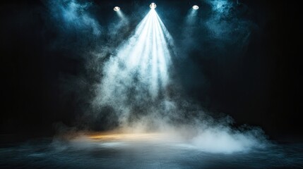 Wall Mural - A spotlight shining down on an empty stage, with smoke swirling up from the floor, set against a dark backdrop.