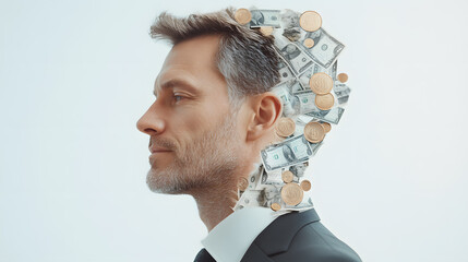 Wall Mural - Portrait of a businessman with money, banknotes, and coins in double exposure, the intersection of business profit, investment strategy, and economic success, isolated on a modern background.