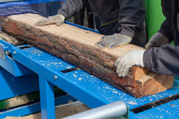 Workers sawing a log at a sawmill