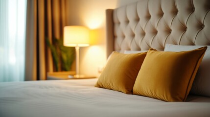 Wall Mural - Wide angle shot of a cozy bedroom with a tufted fabric headboard, plush pillows, and soft lighting, creating a warm and inviting atmosphere 