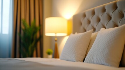 Wall Mural - Wide angle shot of a cozy bedroom with a tufted fabric headboard, plush pillows, and soft lighting, creating a warm and inviting atmosphere 