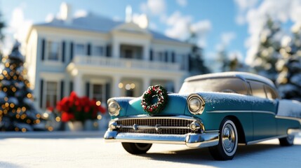 Poster - Wide angle shot of a festive outdoor scene with a retro car covered in snow, a Christmas wreath on the front, and a decorated 1950s-style house in the background 