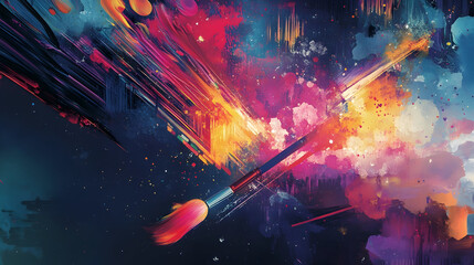 an illustration showing ai creating art, with digital brushes and colors blending to form abstract a