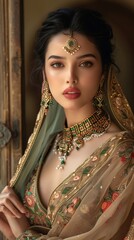 Wall Mural - Beautiful Indian Bride in Green and Gold Jewelry