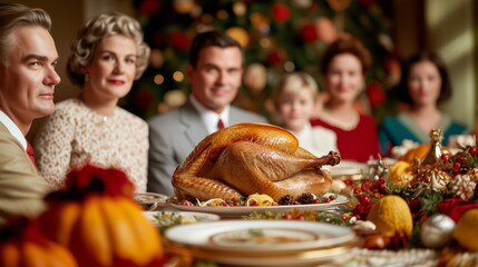 Canvas Print - Wide angle shot of a retro Thanksgiving dinner table with a roasted turkey, vintage dishes, and classic decorations, surrounded by family members in 1960s attire 