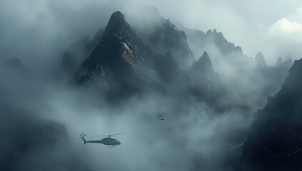 Helicopters Flying Through Misty Mountains