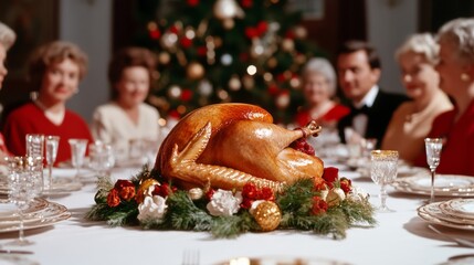 Wall Mural - Wide angle shot of a retro Thanksgiving dinner table with a roasted turkey, vintage dishes, and classic decorations, surrounded by family members in 1970s attire 