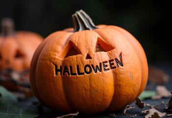 Glowing pumpkin dark background orange lights in background, autumn leaves, wood floor, Halloween written on pumpkin