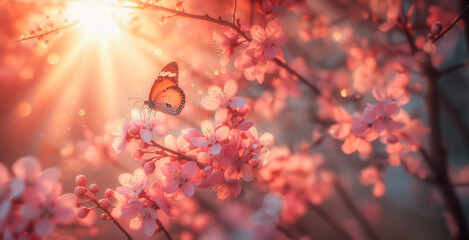 Butterfly on a branch of a blossoming tree in spring