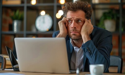 Pensive businessman reading e-mail on laptop while working in office