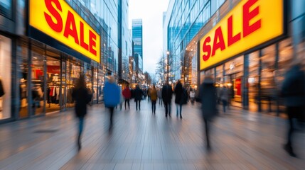 'Wide angle view of a bustling store entrance with large SALE signs in bright yellow and red, people walking in and out' 