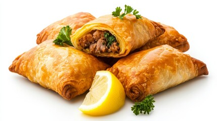 Wide-angle shot of Tunisian brik, a deep-fried pastry filled with egg, tuna, and parsley, served with lemon wedges, isolated on white background 