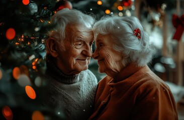 Portrait of an elderly couple in front of a Christmas tree, created using soft light and warm colors to create a romantic atmosphere. The two people express their love and affection.