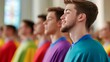 © fotogurme - Youth church choir singing enthusiastically, colorful robes, modern church interior, wide angle, energetic and lively scene