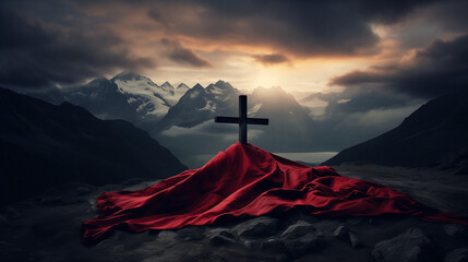 Poster - Crucifix of Jesus Christ stands atop the mountain, with a red flag waving nearby, symbolizing faith, hope, and religion against the vast landscape. crucifix, jesus christ, cross, mountain, red flag.