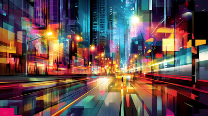  An illustration of an abstract urban street scene with colorful lights and dynamic shapes, 