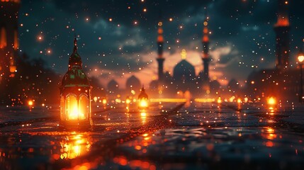 Wall Mural - Arabic lanterns on bokeh background. Ramadan Kareem. Banner