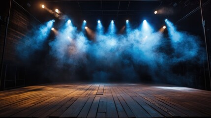 a wooden stage lit by focused spotlights, with smoke floating up, creating an eerie, atmospheric sce