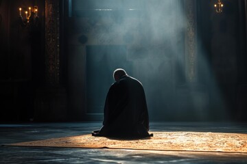 Lone figure kneels in contemplation under the ethereal light of a grand cathedral