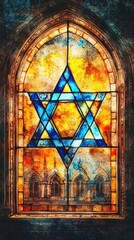 Sticker - Star of David Synagogue Stained Glass Judaism Religion Spiritual Symbol - Generative AI