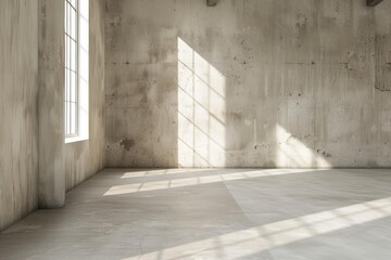 Sticker - Bright sunlight casting shadows in a spacious empty industrial loft with concrete walls