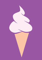 Wall Mural - ice cream - vanilla soft serve ice cream in a cone, color vector illustration isolated on purple