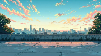 Flat asphalt cement ground in front, with a distant view of the city in a cartoon anime style.