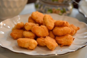 Poster - Closeup on tasty breaded chicken nuggets served on a white porcelain plate