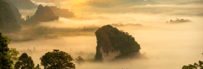 Wall Mural - Banner Beautiful Mountain landscape foggy mountain green landscape morning sunrise. Amazing Landscape mountain green tropical forest tree on sunrise. Banner forest sunlight scenery with copy space