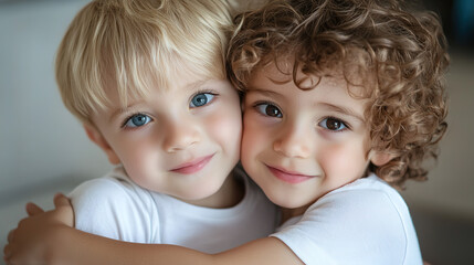 Portrait of Two Little Boys Hugging in a Close-Up, One with Blond Hair and One with Curly Brown Hair, Both in White T-Shirts, Looking Cheerful with Bright Eyes and a Soft Focus Home Background with Bo