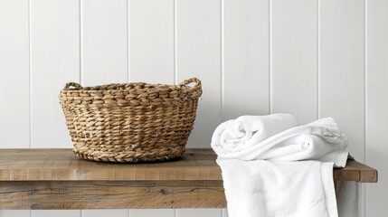 Canvas Print - Bathroom table with wicker basket and white towels, text space available