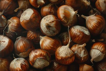 Sticker - Closeup of ripe, whole hazelnuts scattered on a dark, textured surface