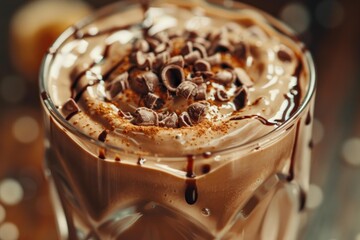 Sticker - Closeup of a rich, creamy chocolate milkshake topped with whipped cream and chocolate shavings