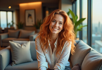 A photo of a penthouse homeowner person relaxing in the apartment with a skyline cityscape view