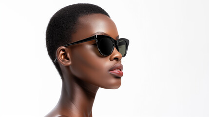 Poster - Black cat-eye sunglasses with a glossy finish, worn by a stylish model, emphasizing a sleek and bold fashion statement against a white background.