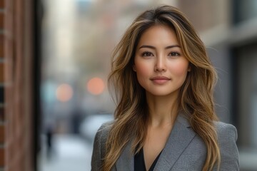 confident businesswoman in smart attire standing outdoors in urban setting natural light highlights her professional demeanor and positive attitude