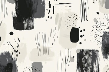 Wall Mural - Abstract pattern with black and grey shapes and brushstrokes on a white background.