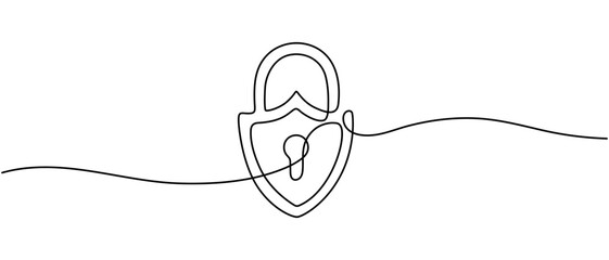 Protection Continuous Line Illustration, Padlock in continuous line art drawing style. Portable lock with keyhole minimalist black linear sketch isolated on white background. Vector illustration.