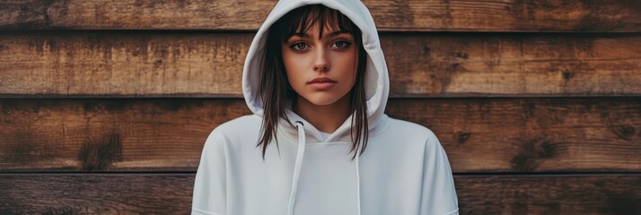 Young Woman Wearing White Hoodie Against Wooden Wall - A young woman with dark hair and a serious expression wears a white hoodie against a rustic wooden background, representing youth, confidence, ur