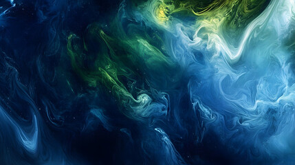 Fluid motion waves in a cosmic palette of indigo and cosmic green