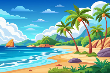 Tropical Beach Scene with Palm Trees and Ocean