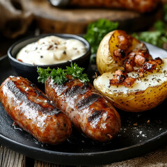 Wall Mural - Baked sausage with baked potato. AI generative.