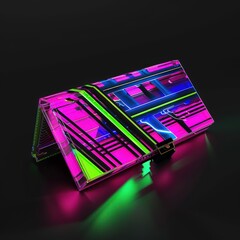 A vibrant, futuristic wallet design featuring neon colors and geometric patterns.