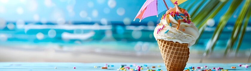 Wall Mural - Colorful Ice Cream Cone with Rainbow Sprinkles and Tropical Umbrella on Beach Background