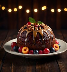 Traditional Christmas pudding, fruit cake. Plum pudding, Festive Sweet food, dessert on dark wooden background with lights. Copy space.