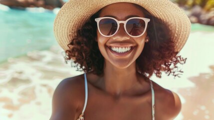 Wall Mural - Stylish woman in a swimsuit, hat, and sunglasses beaming with joy on a sunny beach day.