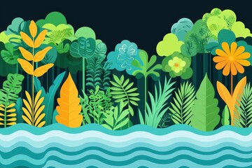 Wall Mural - Lush Tropical Rainforest Landscape with Wavy Water Illustration